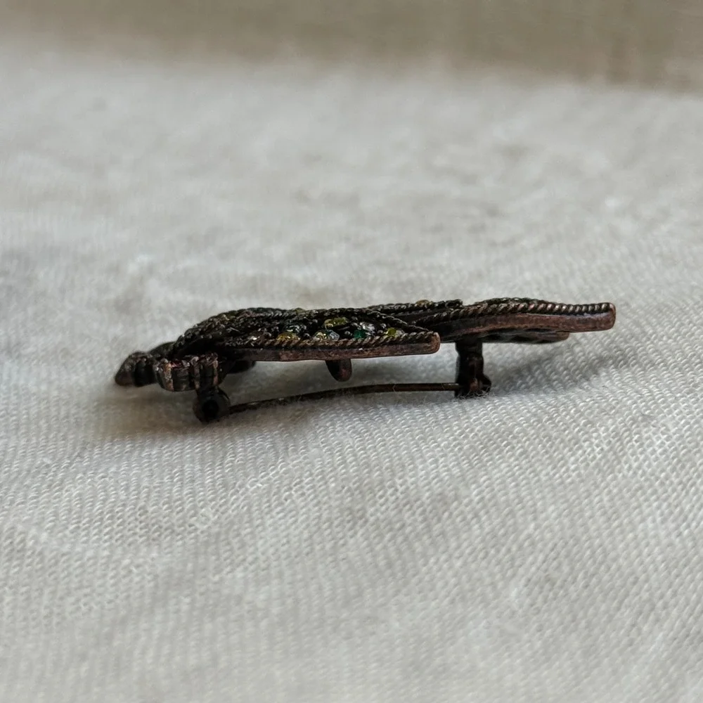 Leaf Branch Brooch Pin‎ Rhinestones Copper Tone Vintage Jewelry Accessory